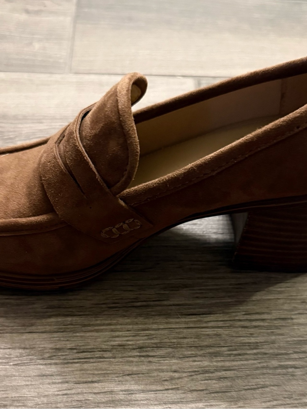 Pristine Nine West Chesnut/Lt Br Suede Penny Loafers, 7.5. 2 inch heel. COMFY! - Picture 2 of 5